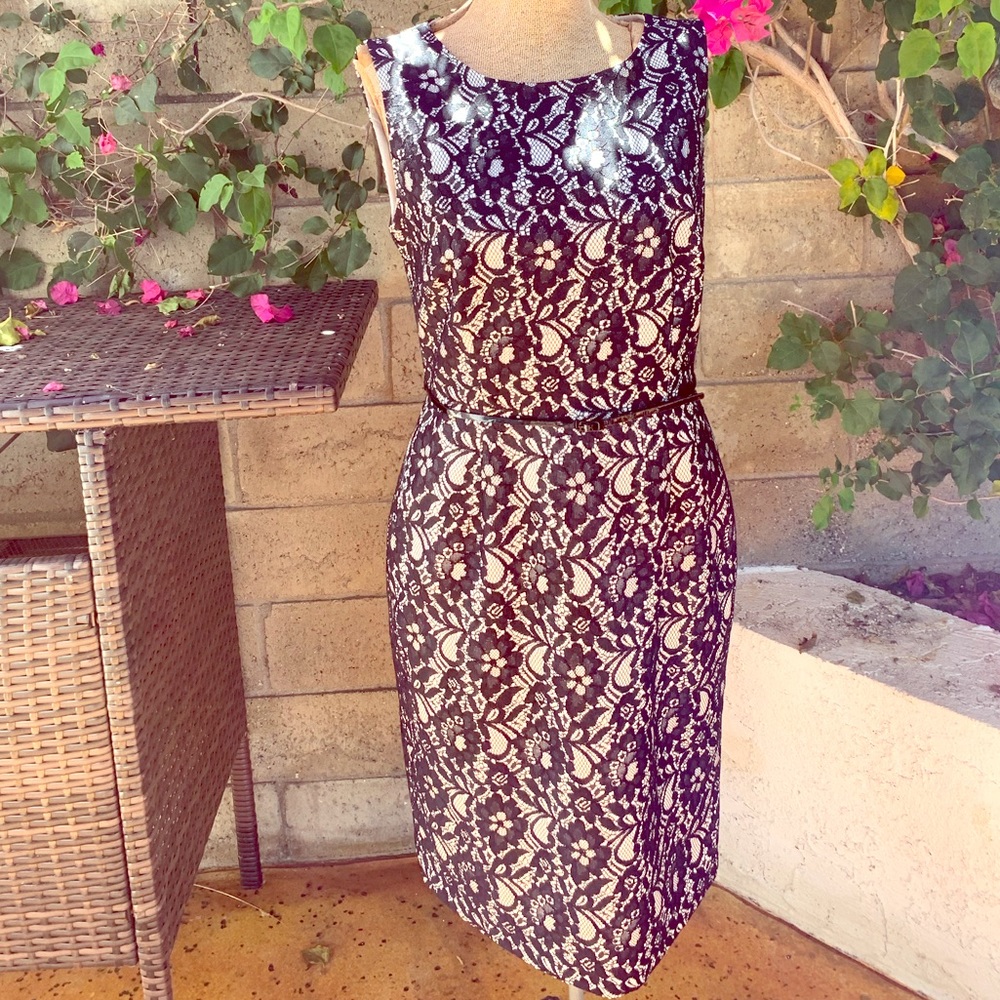 Calvin Klein Dress 6 black lace over white